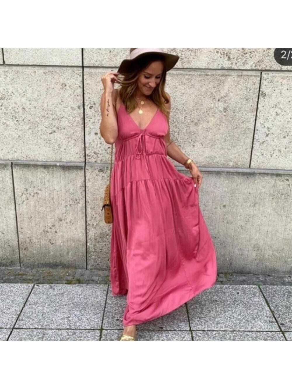 ZARA Babydoll Satin Tiered Cami Maxi Dress in Plum Pink XS/S $89